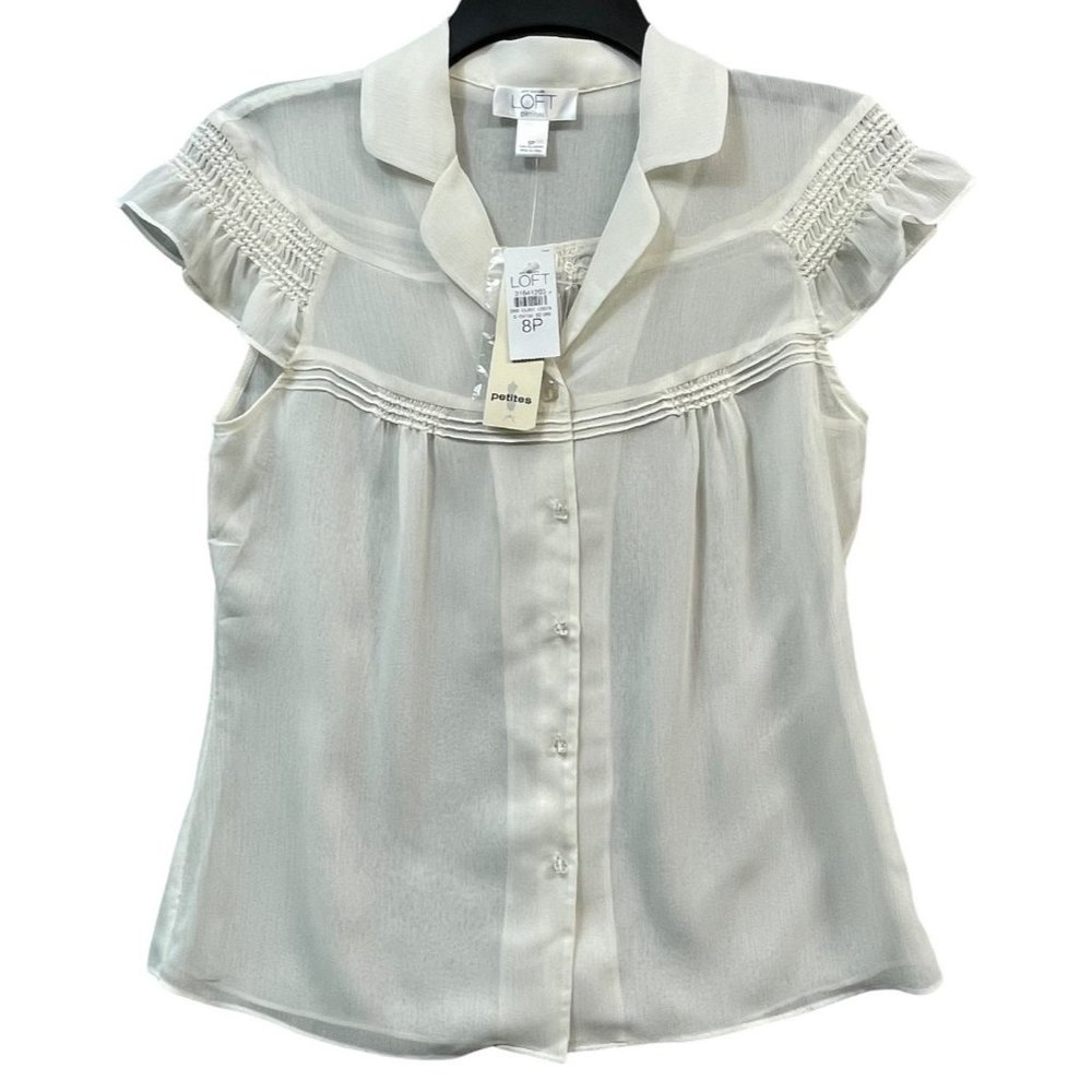 NEW Ann Taylor Loft Blouse Womens 8P Petite Ivory Sheer Cap Sleeve Shirt Top
